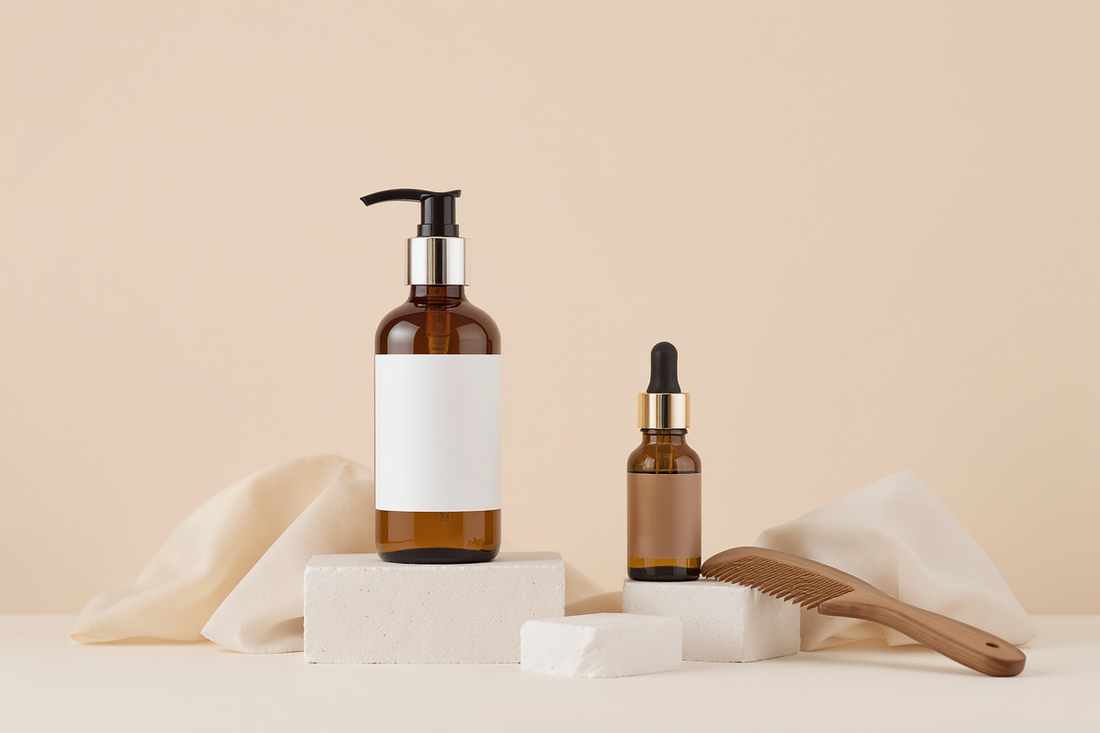 Amber dropper bottle and pump dispenser with blank labels displayed on white blocks with a wooden comb.