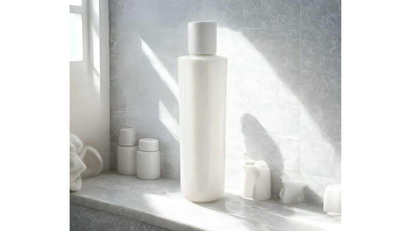  Indigo Private Label deep conditioner bottle placed on a marble shelf in a bright bathroom setting.