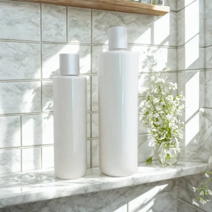 Indigo Private Label’s minimalist deep conditioner bottles on a marble shelf with flowers.
