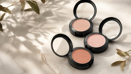 Three Indigo Private Label blush compacts in soft peach and pink shades on a neutral stone surface.