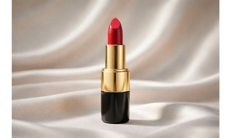 Indigo Private Label red lipstick in a sleek gold and black tube displayed on a soft, elegant background.