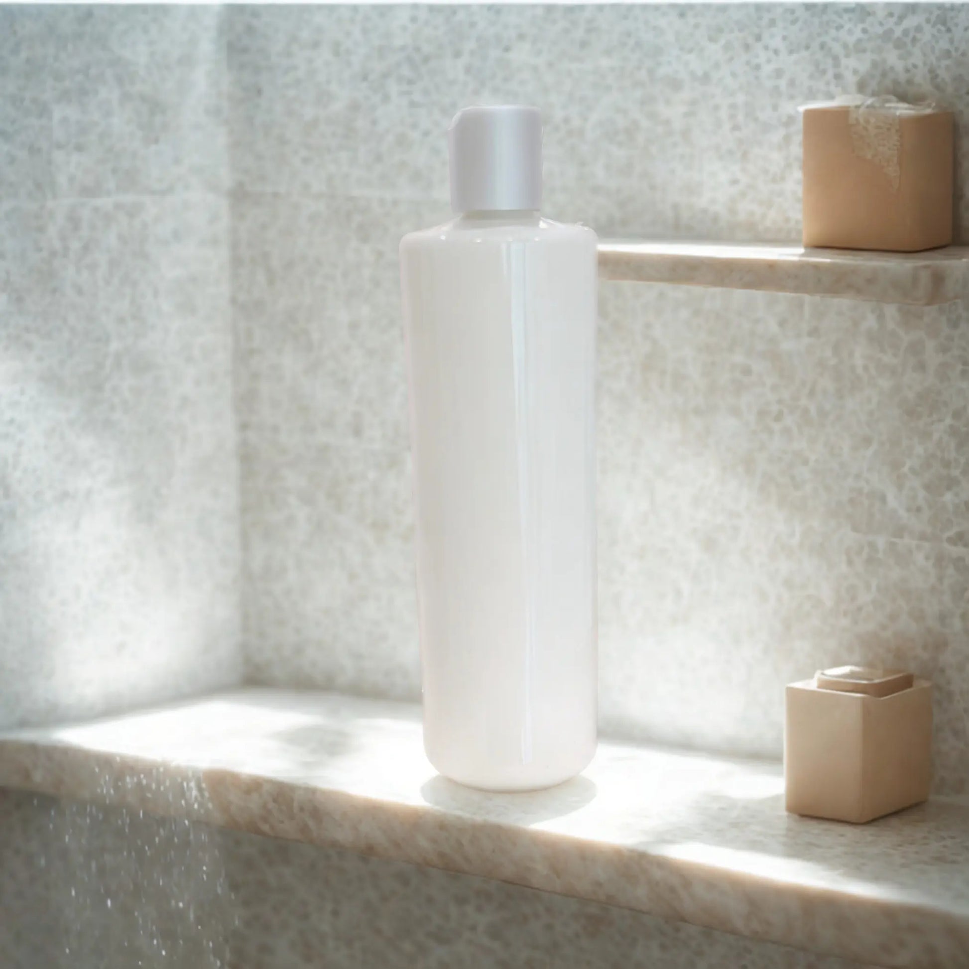 White bottle of hair growth conditioner on a marble shelf