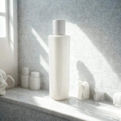 White bottle of hair growth conditioner without label